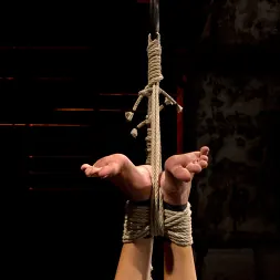 Rene Phoenix en 'Kink' Rubia caliente y flexible sufre una suspensión de categoría 5. Gancho anal, grandes pesas en los pezones, obligada a correrse. (Miniatura 1)